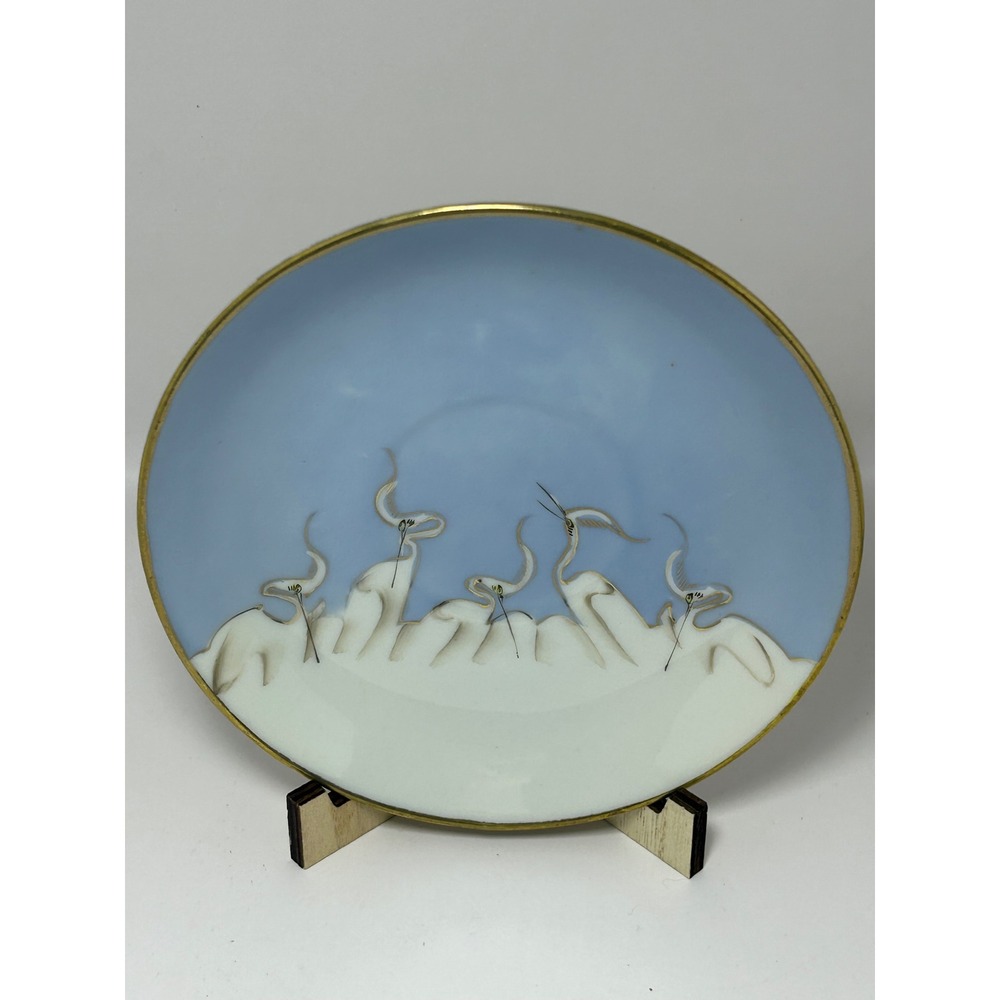 Mitsu-Boshi Japan Porcelain Saucer Blue White Egrets Herons‎ Gold Trim Set of 4